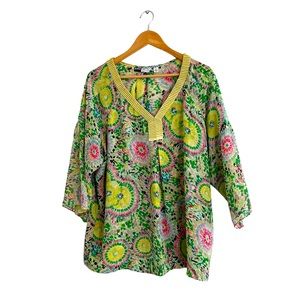 Simply Chloe Dao Top Yellow Mosaic Women’s Long Sleeve Ribbon Blouse Size XL